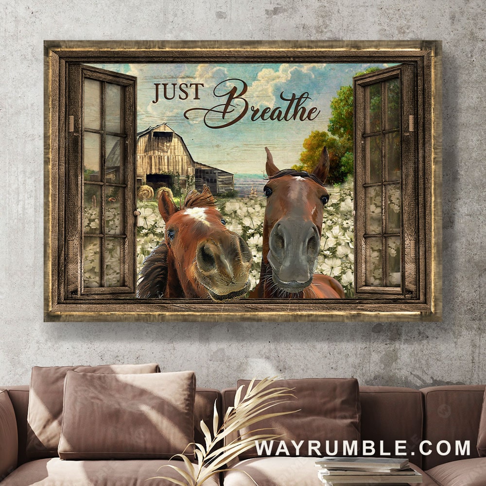 Cute horse, White flower farm, Blue sky, Vintage house, Just breathe - Jesus Landscape Canvas Prints, Christian Wall Art
