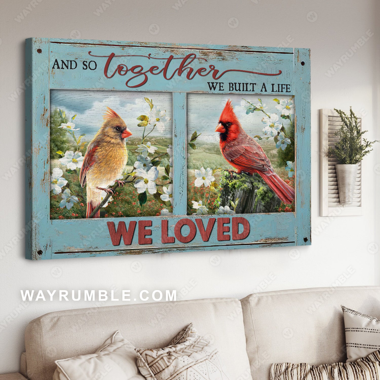 Cardinal couple, Green landscape, Blue sky, White flower, Together we loved - Couple Landscape Canvas Prints, Wall Art