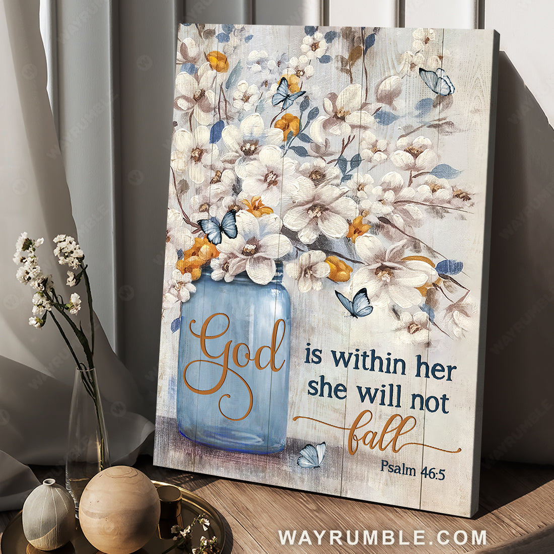Jasmine flower, Blue vase, Butterfly drawing, God is within her - Jesus Portrait Canvas Prints, Christian Wall Art