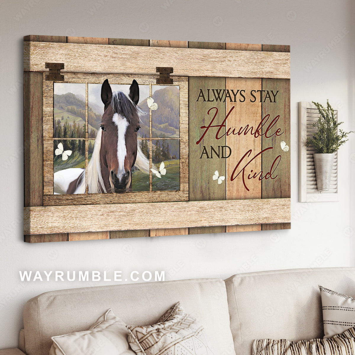 White and brown horse, Countryside painting, Butterfly, Always stay humble and kind - Jesus Landscape Canvas Prints, Christian Wall Art