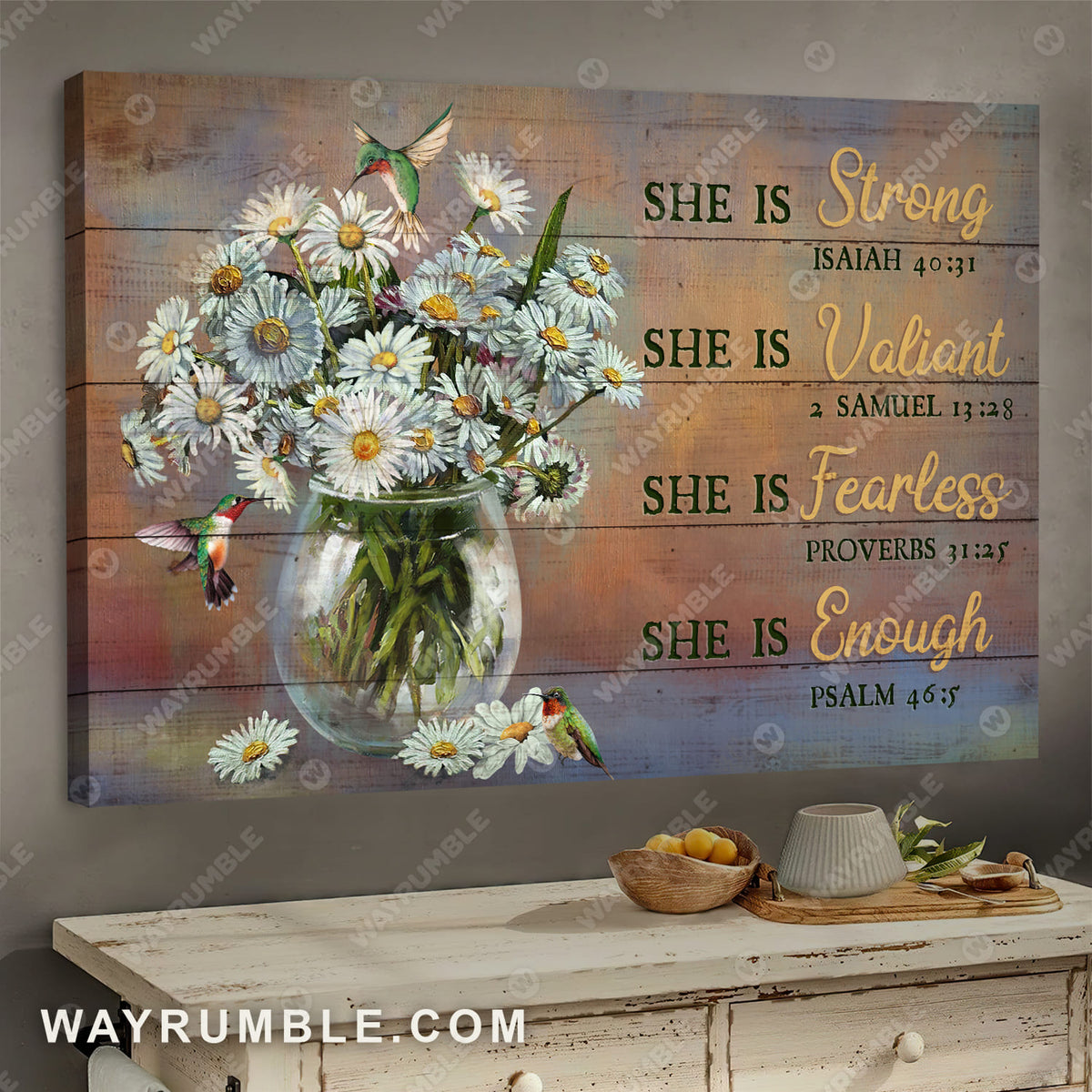 Daisy painting, Beautiful hummingbird, She is strong she is enough - Jesus Landscape Canvas Prints, Wall Art