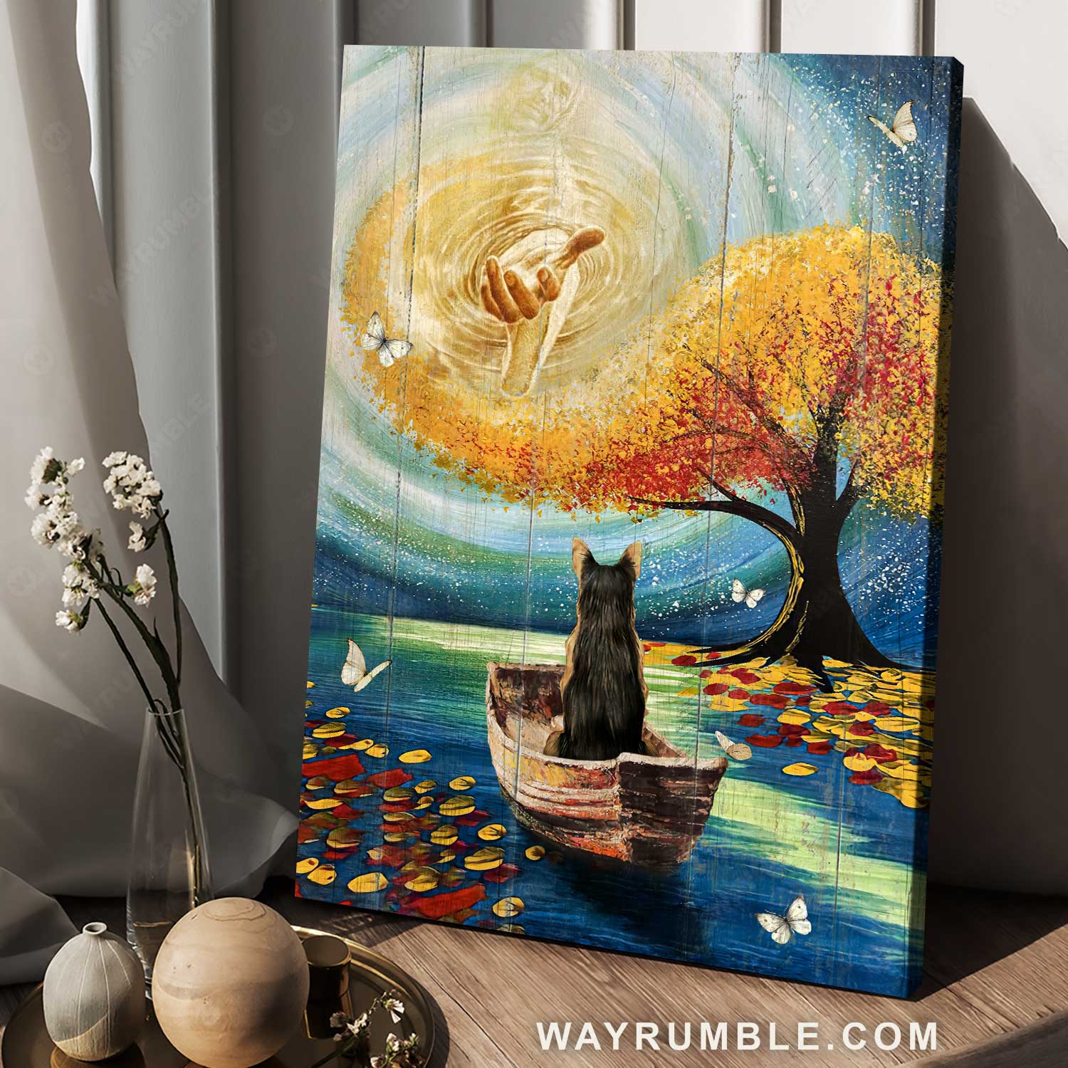 Magic tree, Beautiful lake, German Shepherd dog, Walking with Jesus - Jesus Portrait Canvas Prints, Christian Wall Art