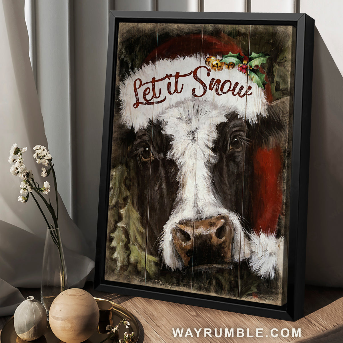 Stunning dairy cow, Christmas hat, Animal painting, Let is snow - Jesus Portrait Canvas Prints, Home Decor Wall Art