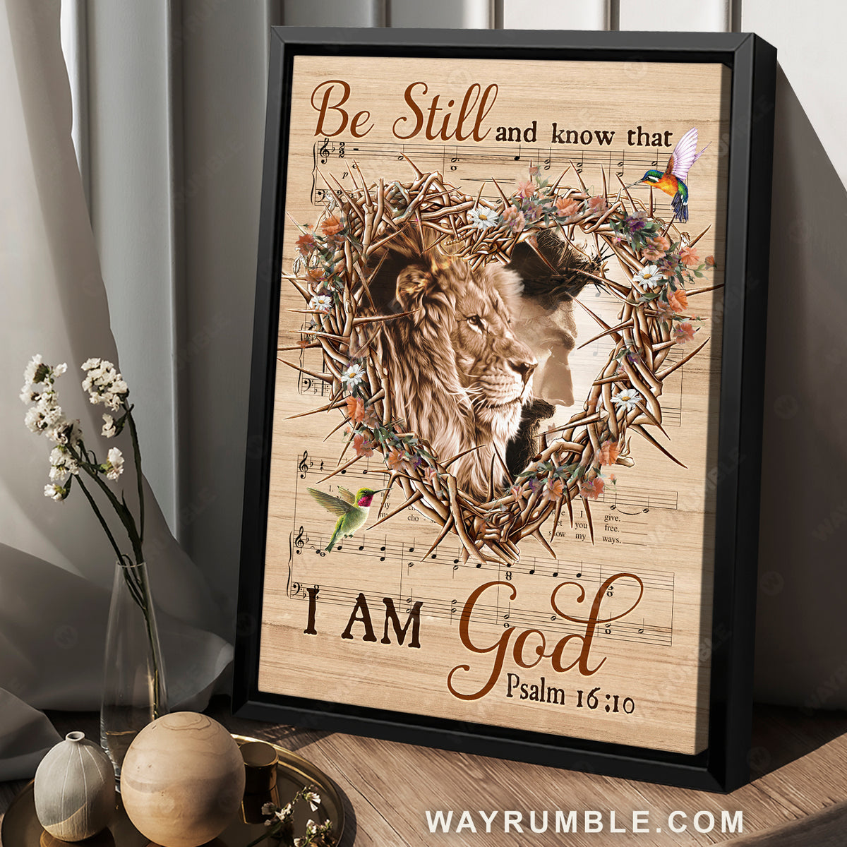 Flower heart, Lion of Judah, Music sheet, Be still and know that I am God - Jesus Portrait Canvas Prints, Home Decor Wall Art
