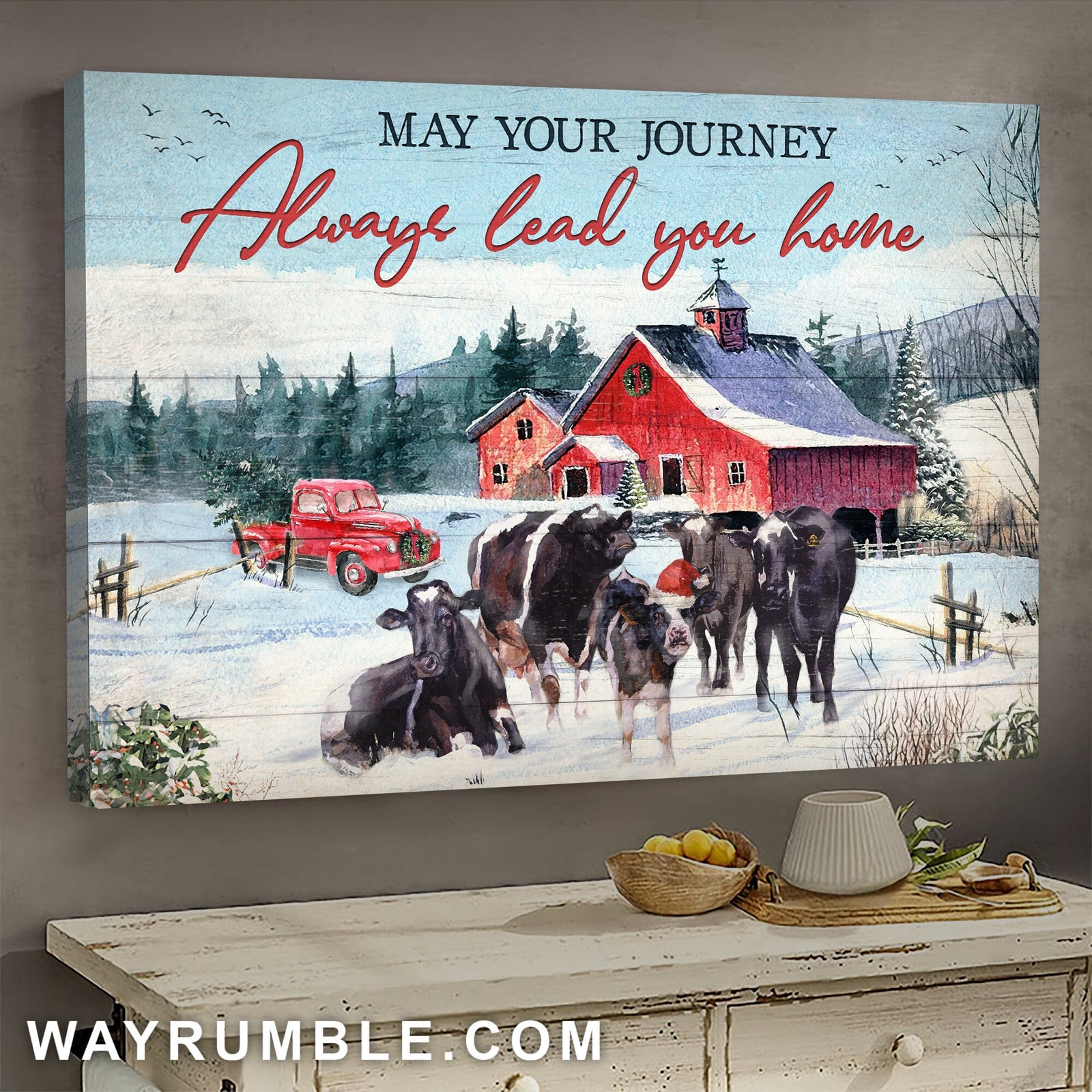 Angus Aberdeen, Winter farm, Red barn, May your journey always lead you home - Jesus Landscape Canvas Prints, Wall Art