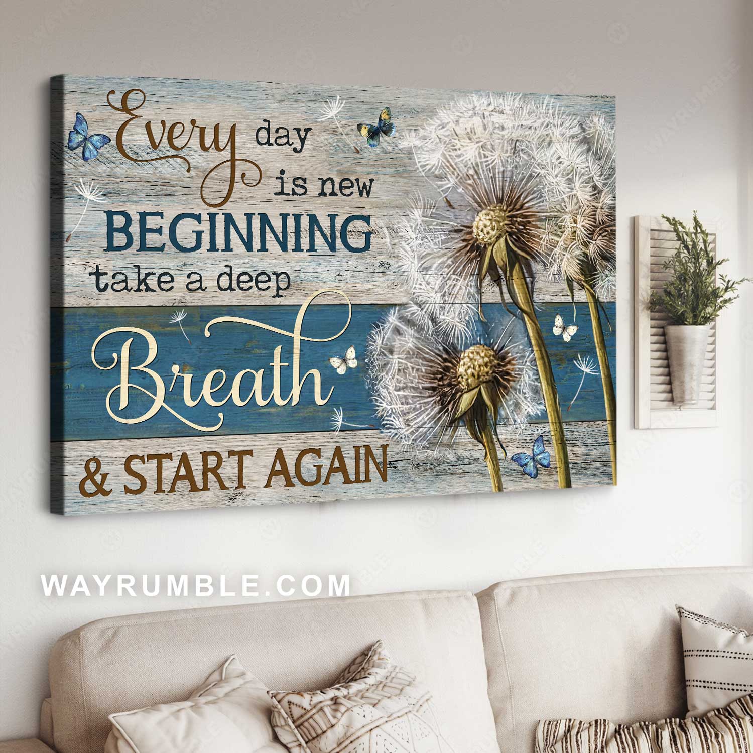 Dandelion artwork, Blue butterfly, Every day is a new beginning - Jesus Landscape Canvas Prints, Home Decor Wall Art
