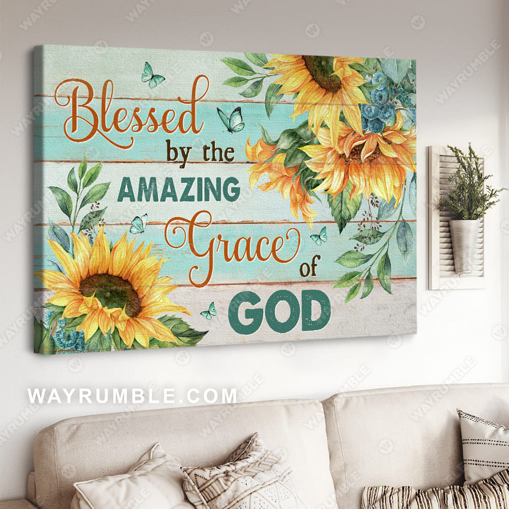 Sunflower field, Pastel background, Beautiful butterfly, Blessed by the amazing grace of God - Jesus Landscape Canvas Prints, Christian Wall Art