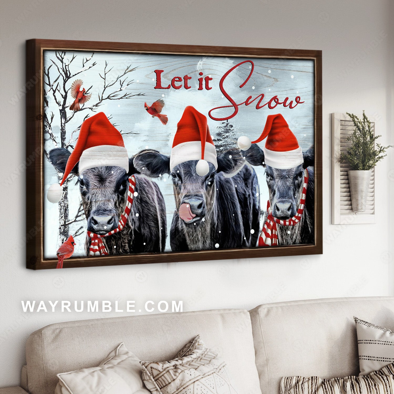 Black cow, Christmas hat, Red cardinal, Christmas painting, Let it snow - Jesus Landscape Canvas Prints, Home Decor Wall Art