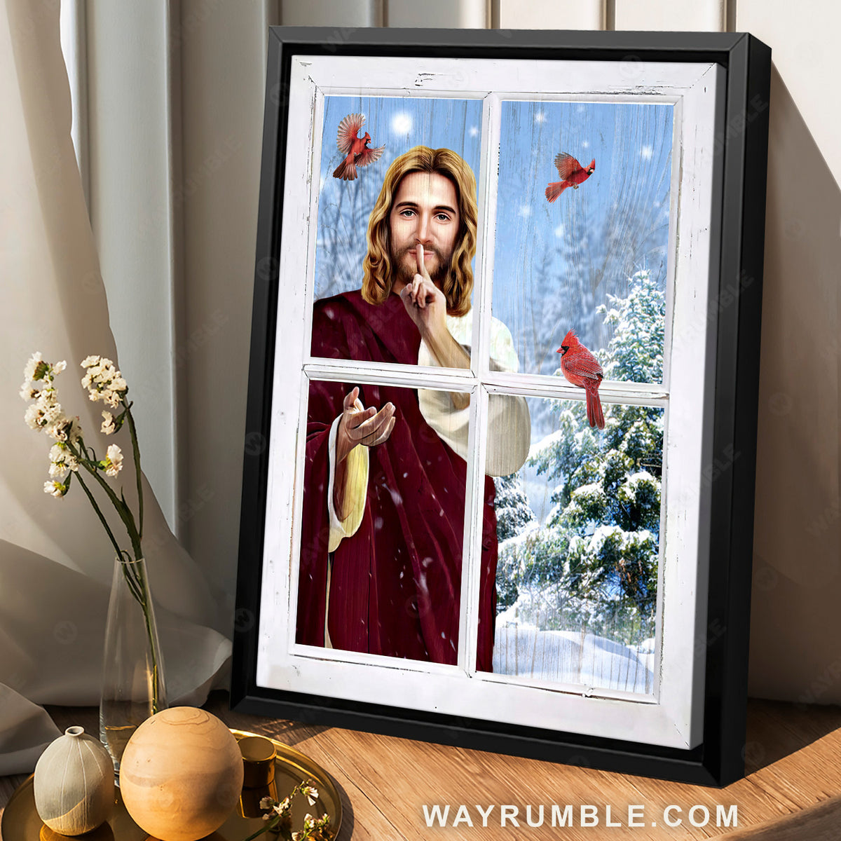 Winter drawing, Jesus is King, Pretty cardinal, White snow - Jesus Portrait Canvas Prints, Home Decor Wall Art