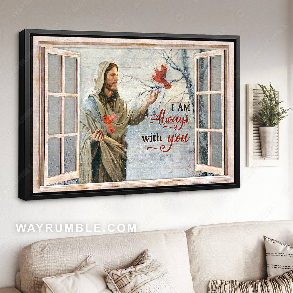 Jesus painting, Cardinals, Winter forest, I am always with you - Jesus Landscape Canvas Prints, Christian Wall Art