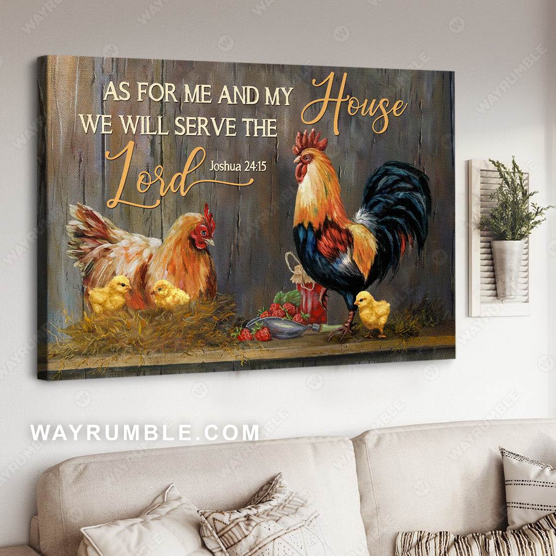 Watercolor rooster, Farm painting, We will serve the Lord - Jesus Landscape Canvas Prints, Christian Wall Art