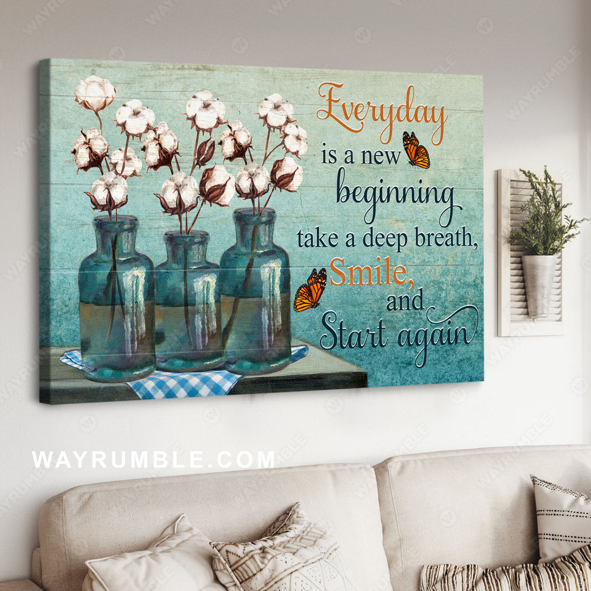 Cotton flower, Orange butterfly, Crystal vase, Every day is a new beginning - Jesus Landscape Canvas Prints, Wall Art