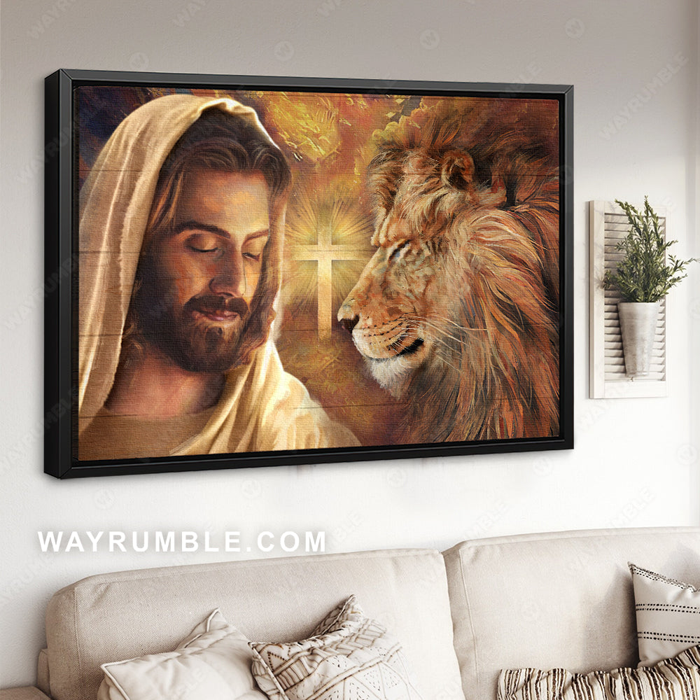 Face to face, Beautiful Jesus's face, Lion drawing, Cross symbol - Jesus Landscape Canvas Prints, Christian Wall Art