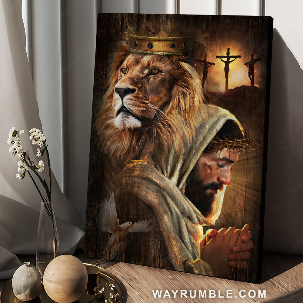 Watercolor lion, Pray with Jesus, Jesus on the cross, Special crown - Jesus Portrait Canvas Prints, Christian Wall Art