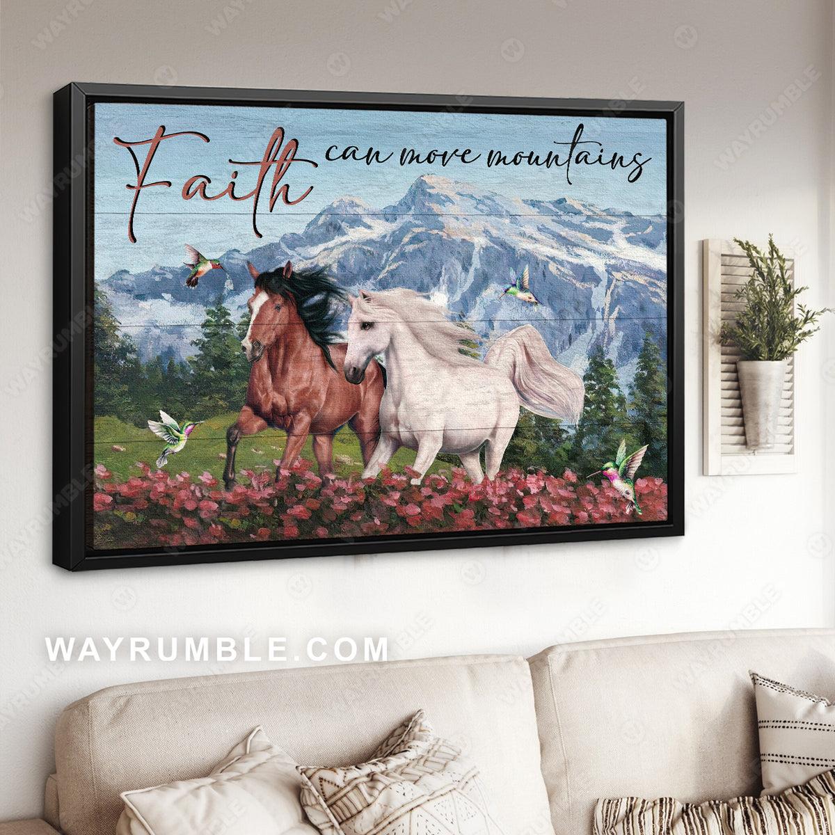 Beautiful horses, Pink flower field, Hummingbird, Faith can move mountains - Jesus Landscape Canvas Prints, Christian Wall Art