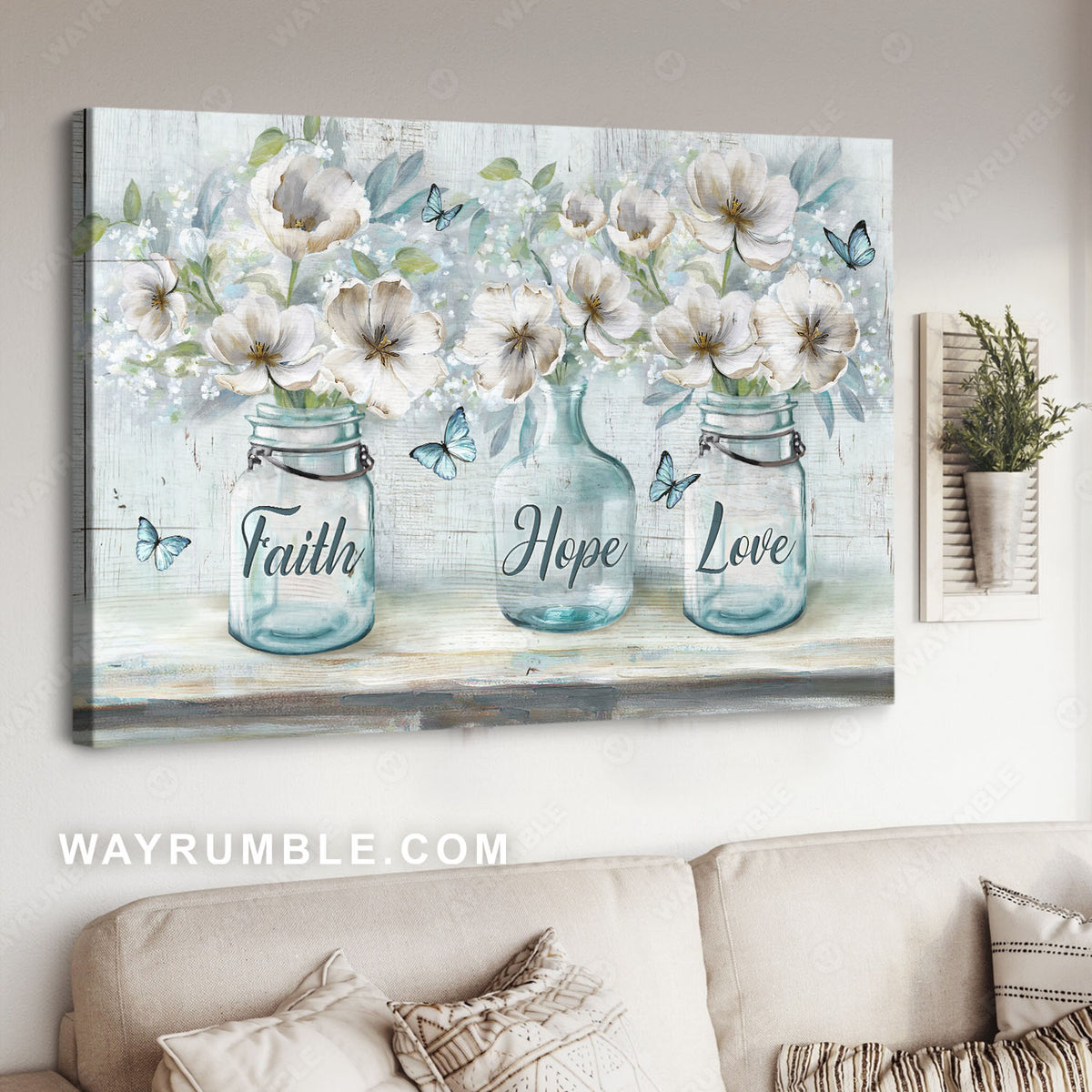 White flower, Flower vase, Blue butterfly, Faith, Hope, Love - Jesus Landscape Canvas Prints, Christian Wall Art