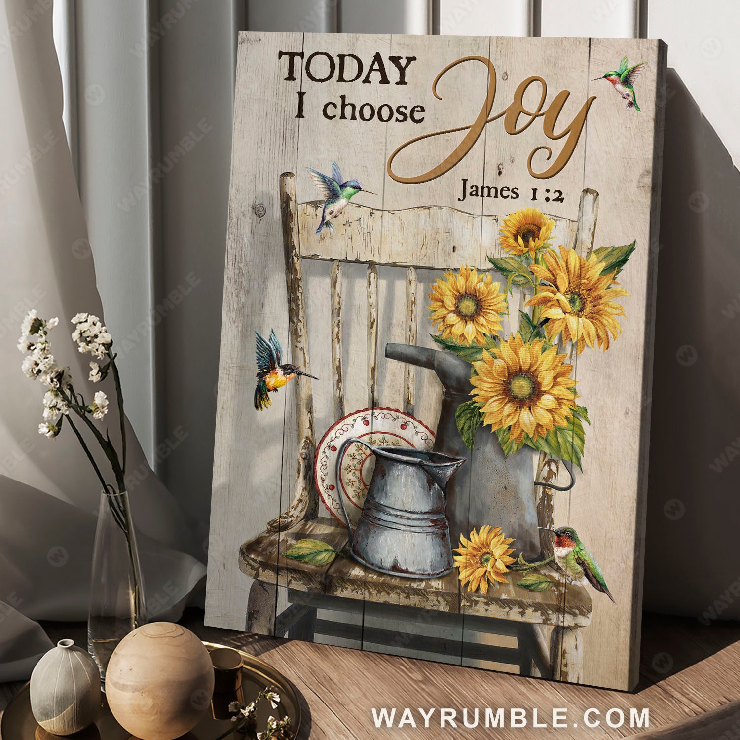 Sunflower, Hummingbird, Watering can, Vintage picture, Today I choose joy - Jesus Portrait Canvas Prints, Christian Wall Art
