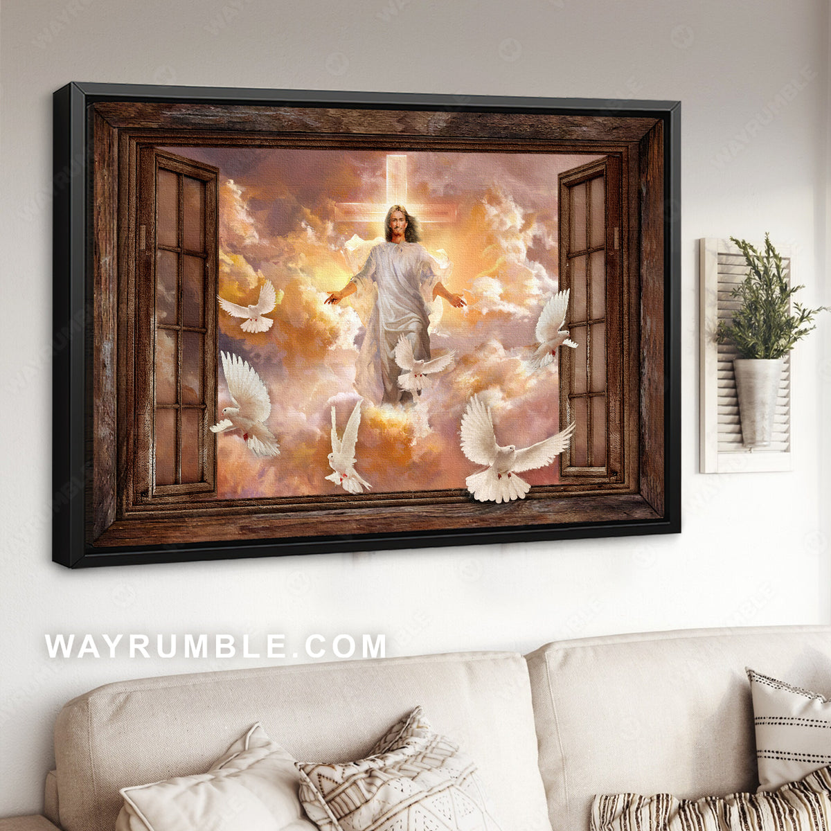 Walking with Jesus, Beautiful dove, Cross symbol, White cloud - Jesus Landscape Canvas Prints, Christian Wall Art