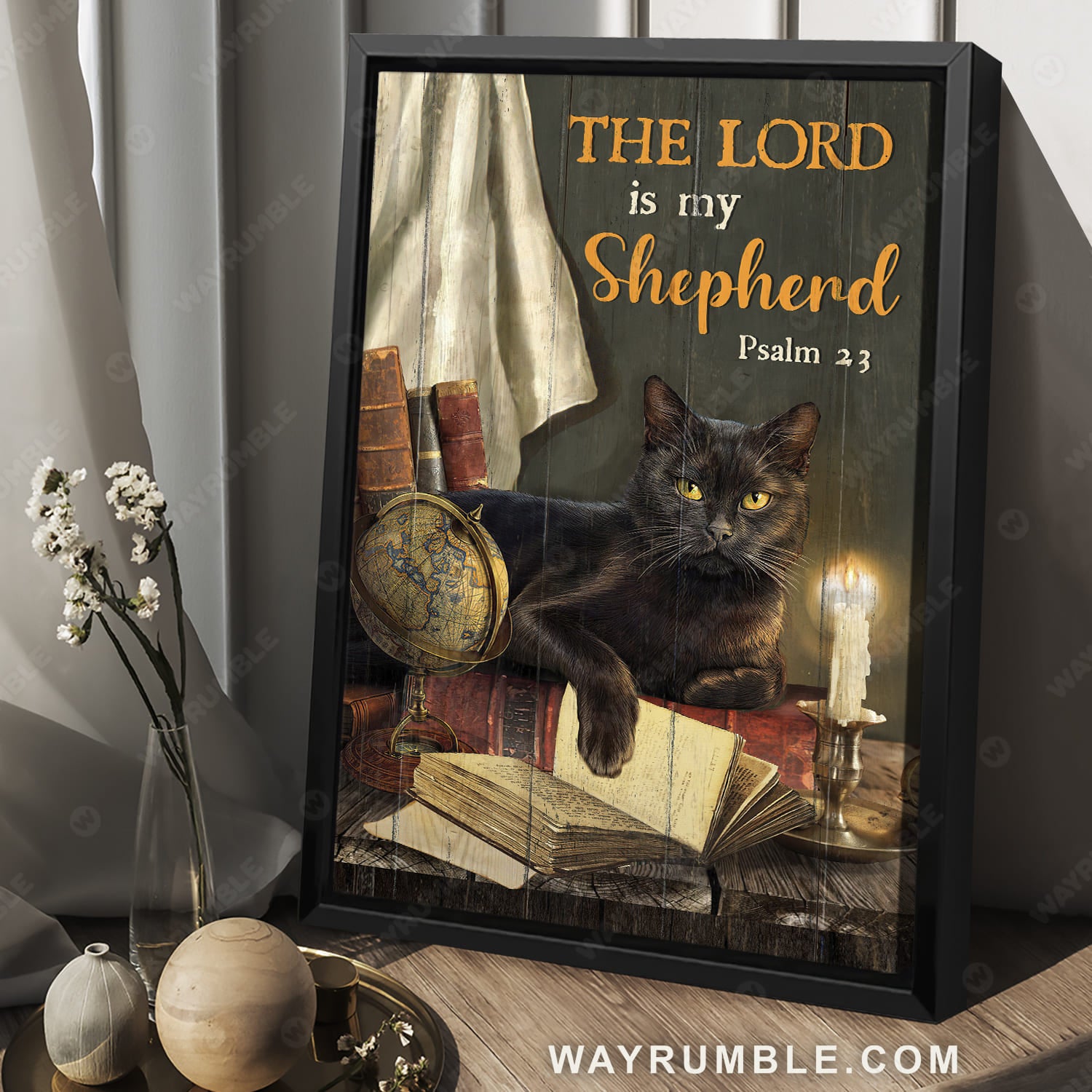 Black cat drawing, Antique book, Gold globe, Candle, The Lord is my shepherd - Jesus Portrait Canvas Prints, Christian Wall Art