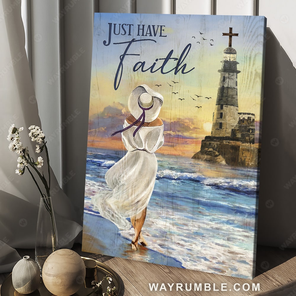 Beautiful girl, Ocean drawing, Lighthouse, Just have faith - Jesus Portrait Canvas Prints, Christian Wall Art