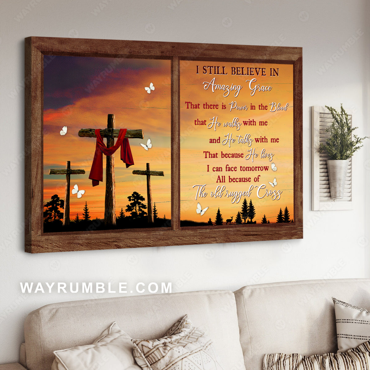 Wooden window, Beautiful sunset, White butterfly, I still believe in amazing grace - Jesus Landscape Canvas Prints, Wall Art