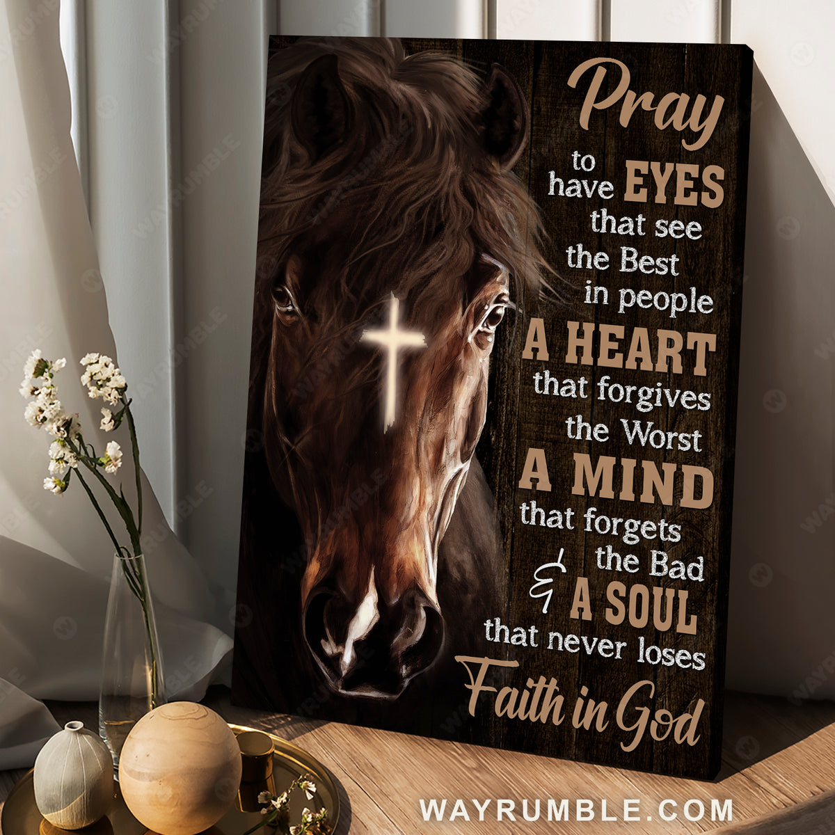 Brown horse, Light cross, Black background, Faith in God - Jesus Portrait Canvas Prints, Christian Wall Art