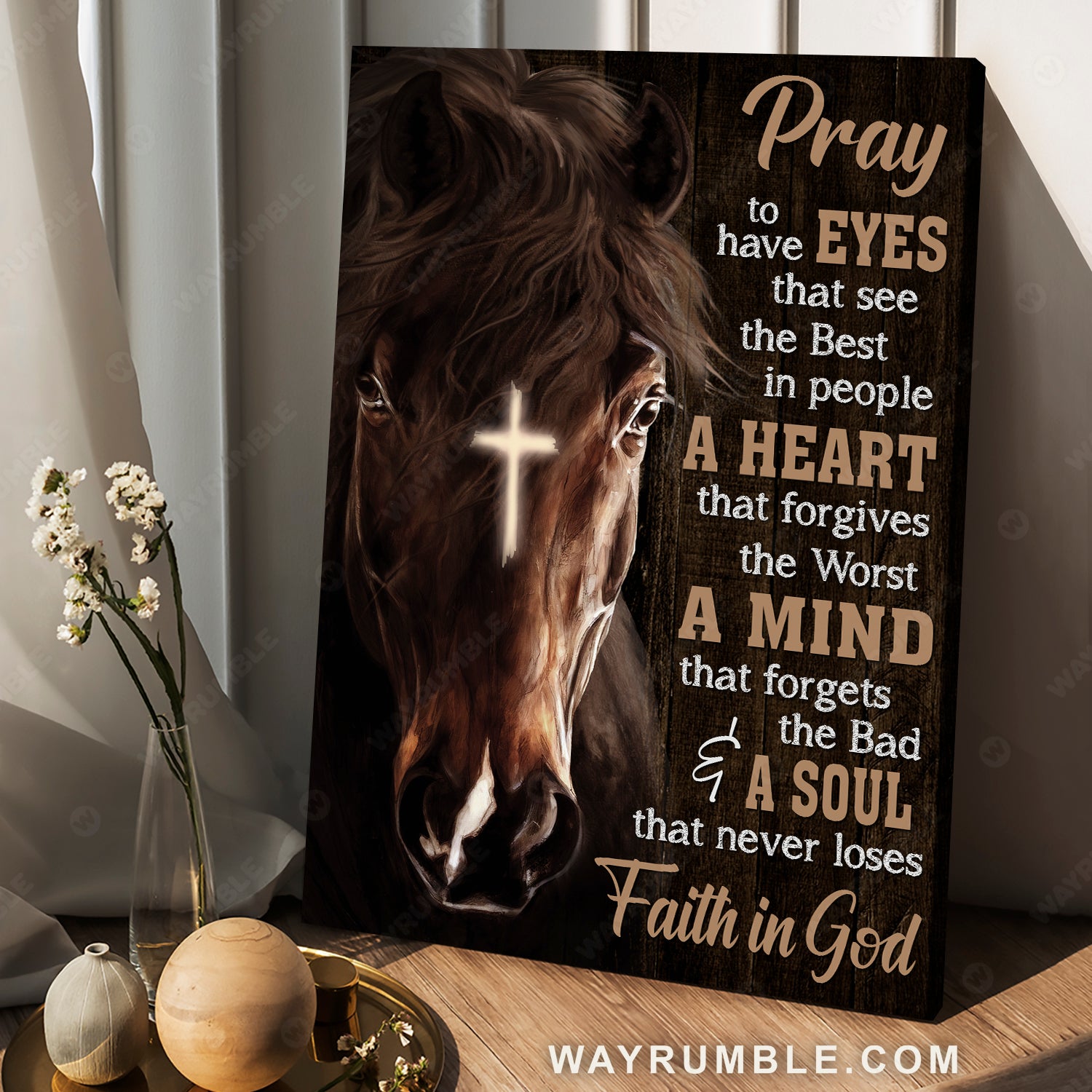 Brown horse, Light cross, Black background, Faith in God - Jesus Portrait Canvas Prints, Christian Wall Art
