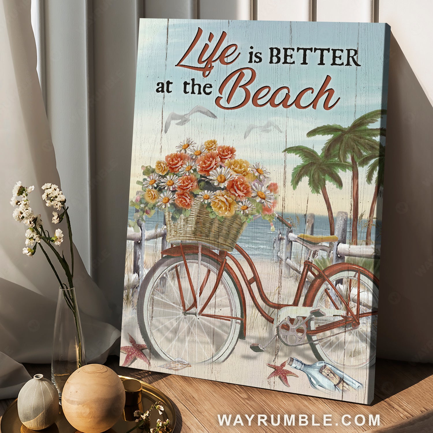 Flower basket, Beach cruiser, Coconut palm, Life is better at the beach - Jesus Portrait Canvas Prints, Christian Wall Art