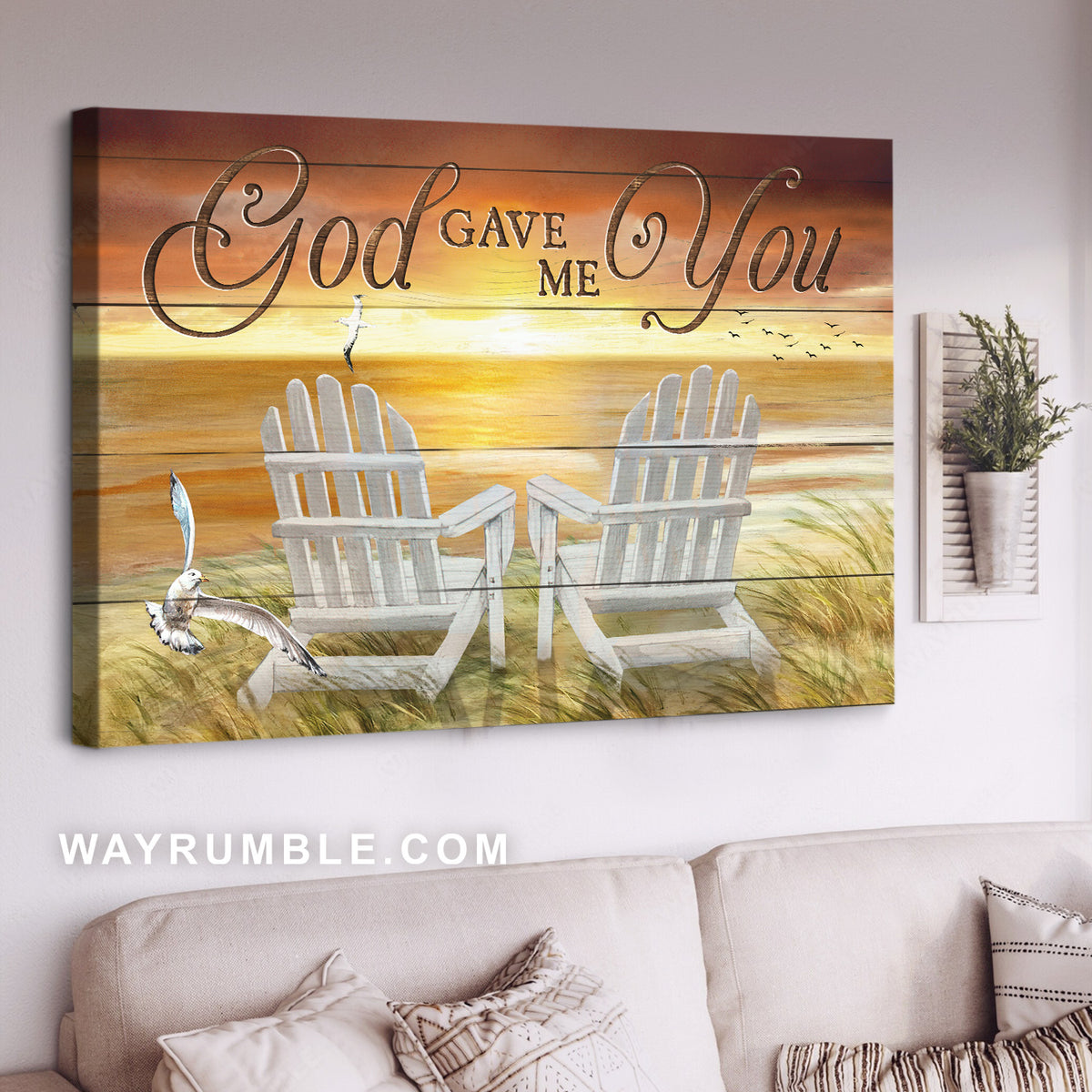 Stunning sunset, Wooden chairs, Lovely seagull, God gave me you - Jesus Landscape Canvas Prints, Home Decor Wall Art
