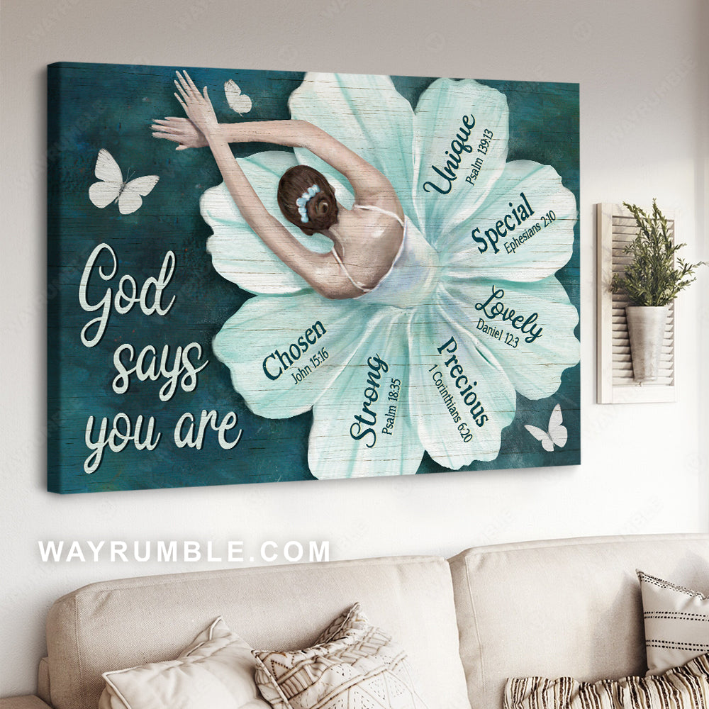 Ballet drawing, Flower dress, Butterfly, God says you are unique - Jesus Landscape Canvas Prints, Christian Wall Art