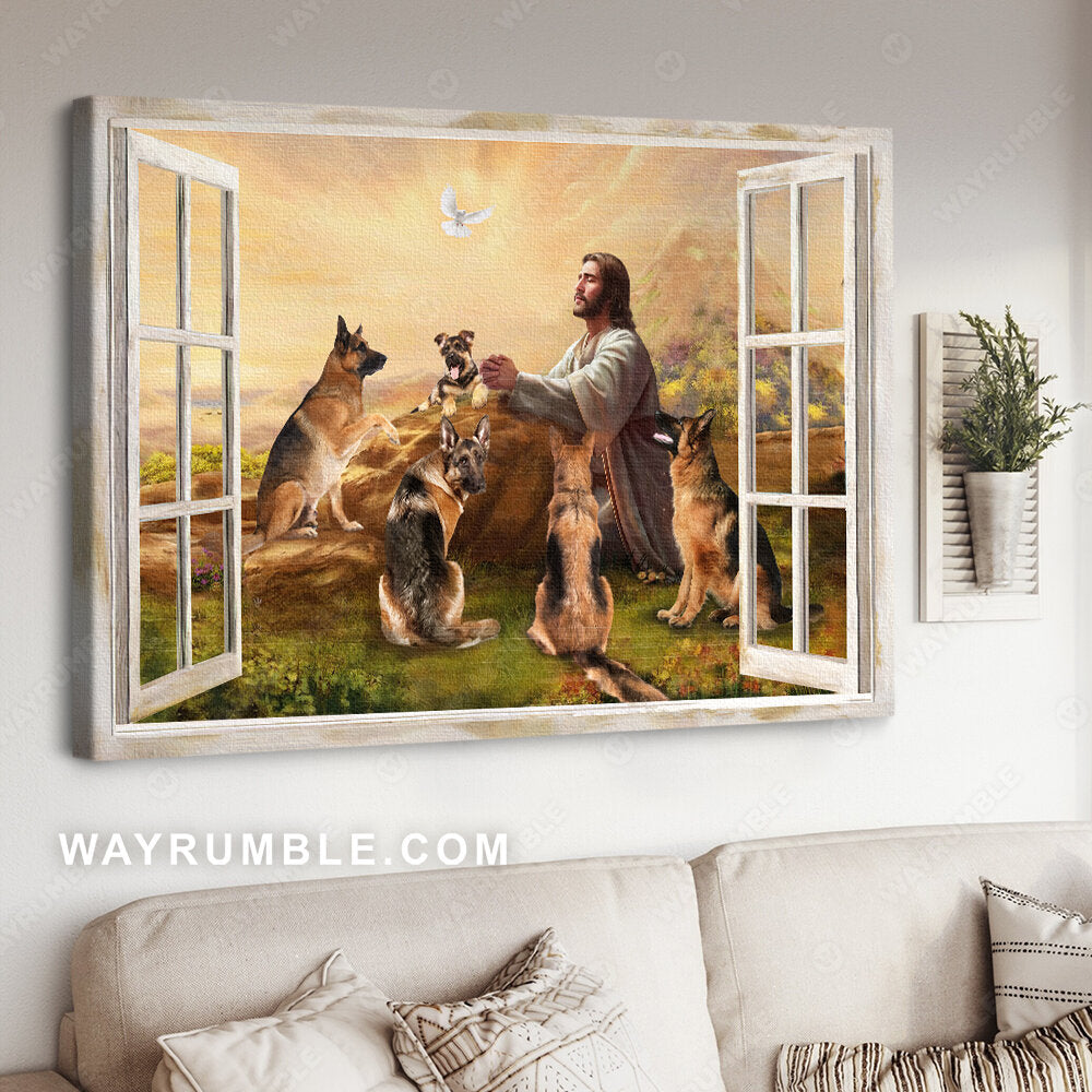 Jesus painting, German shepherd dogs, White dove, Halo infinite - Jesus Landscape Canvas Prints, Wall Art