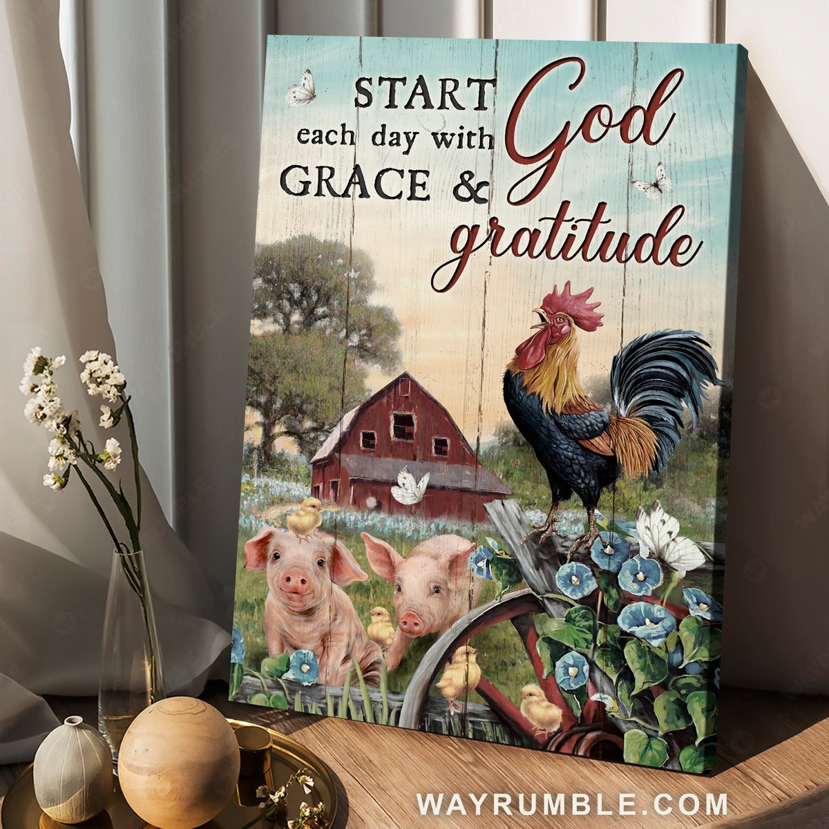 Rooster drawing, Baby pig, Yellow chicks, Farm life, Start each day with God - Jesus Portrait Canvas Prints, Christian Wall Art