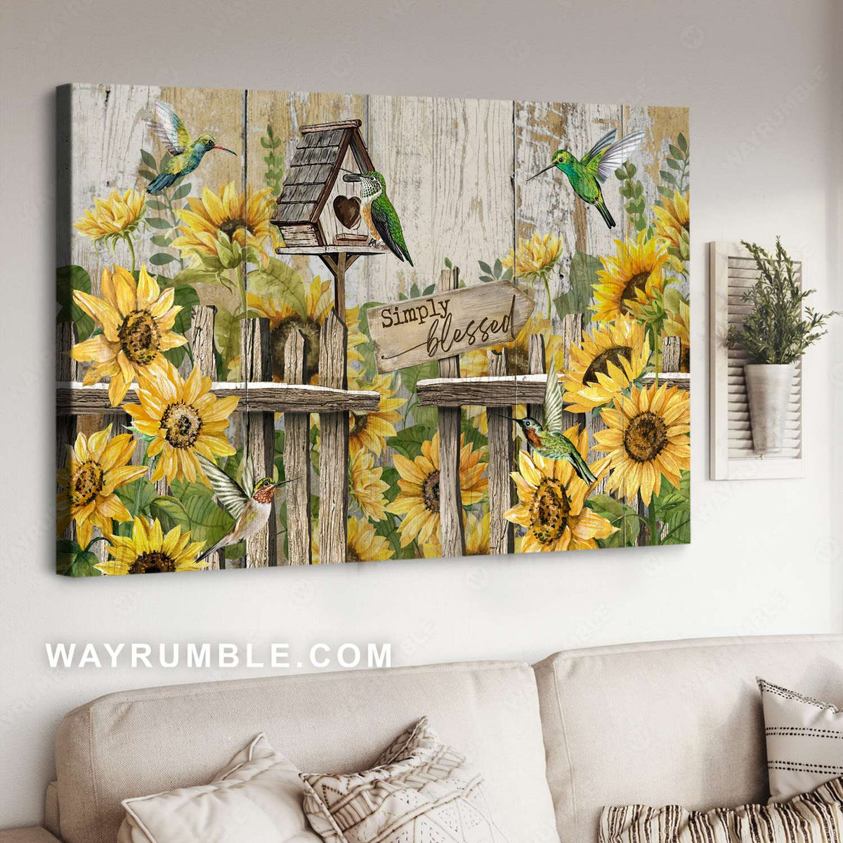 Sunflower garden, Green hummingbird, Bird house, Simply blessed - Jesus Landscape Canvas Prints, Christian Wall Art