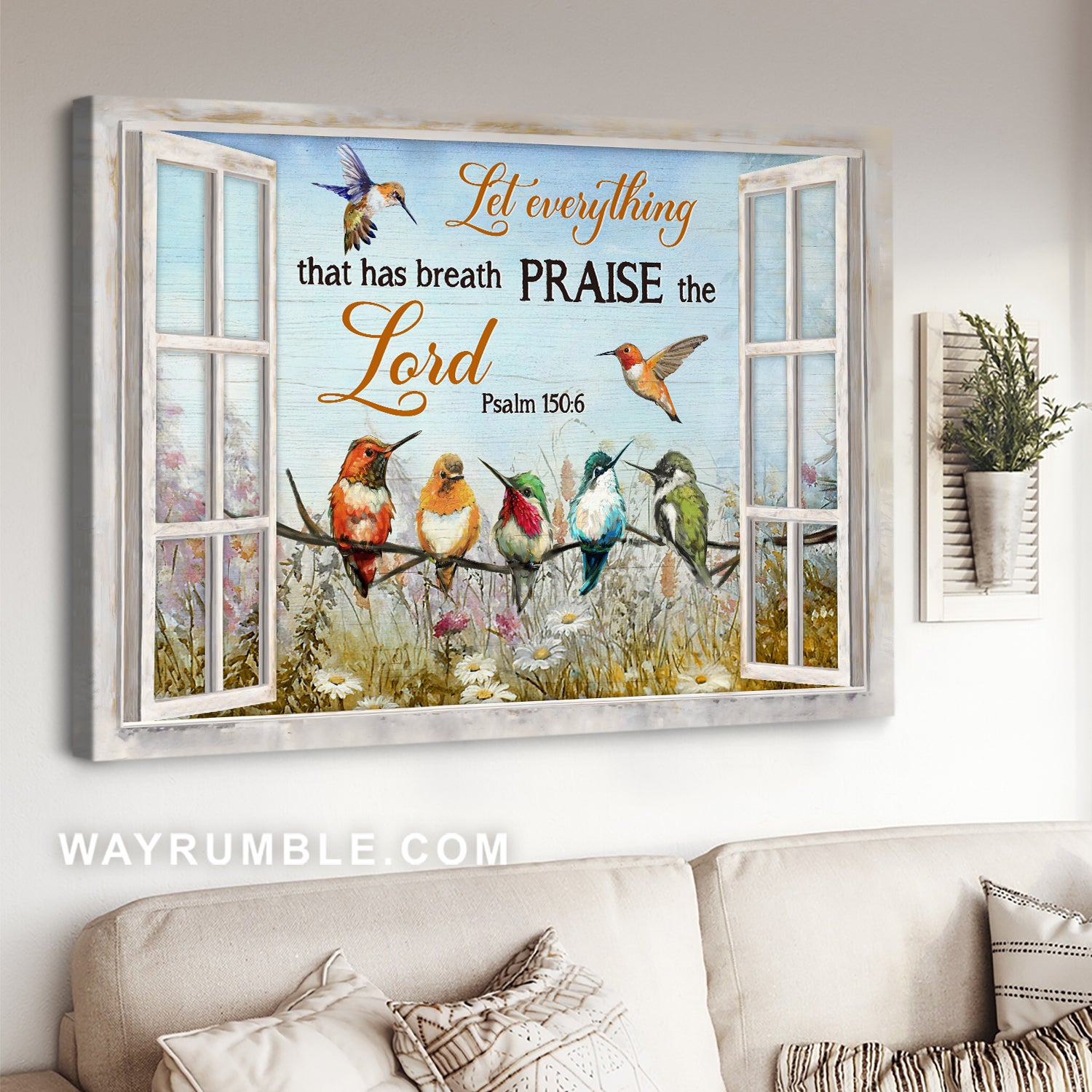 Spring drawing, Colorful hummingbird, Daisy field, Praise the Lord - Jesus Landscape Canvas Prints, Christian Wall Art
