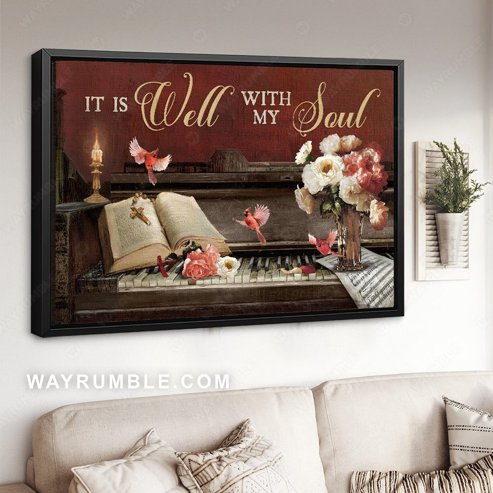 Vintage piano, Red cardinal, Bible, It is well with my soul - Jesus Landscape Canvas Prints, Christian Wall Art