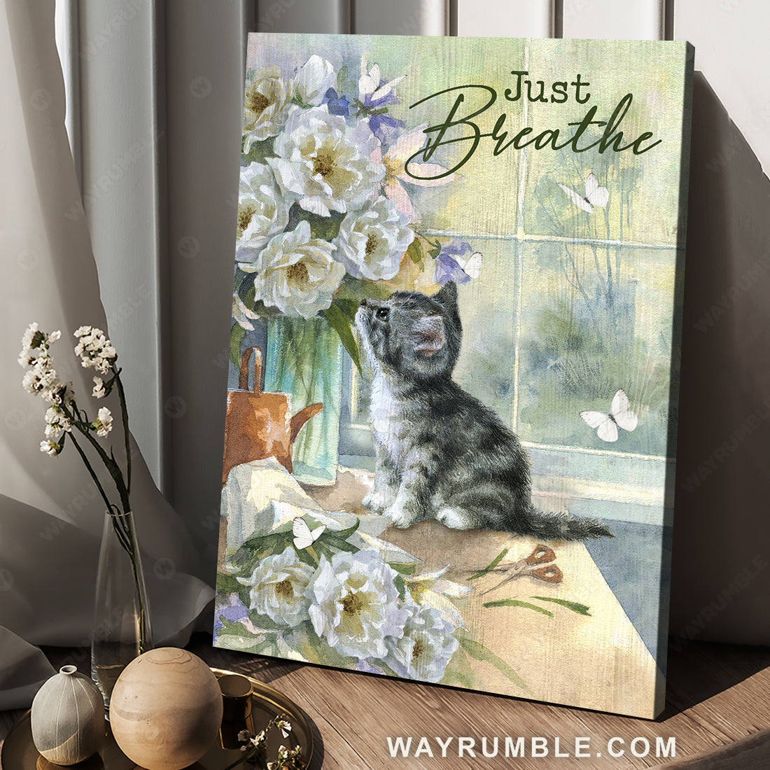 Little cat painting, White climbing roses, Just breathe - Jesus Portrait Canvas Prints, Christian Wall Art