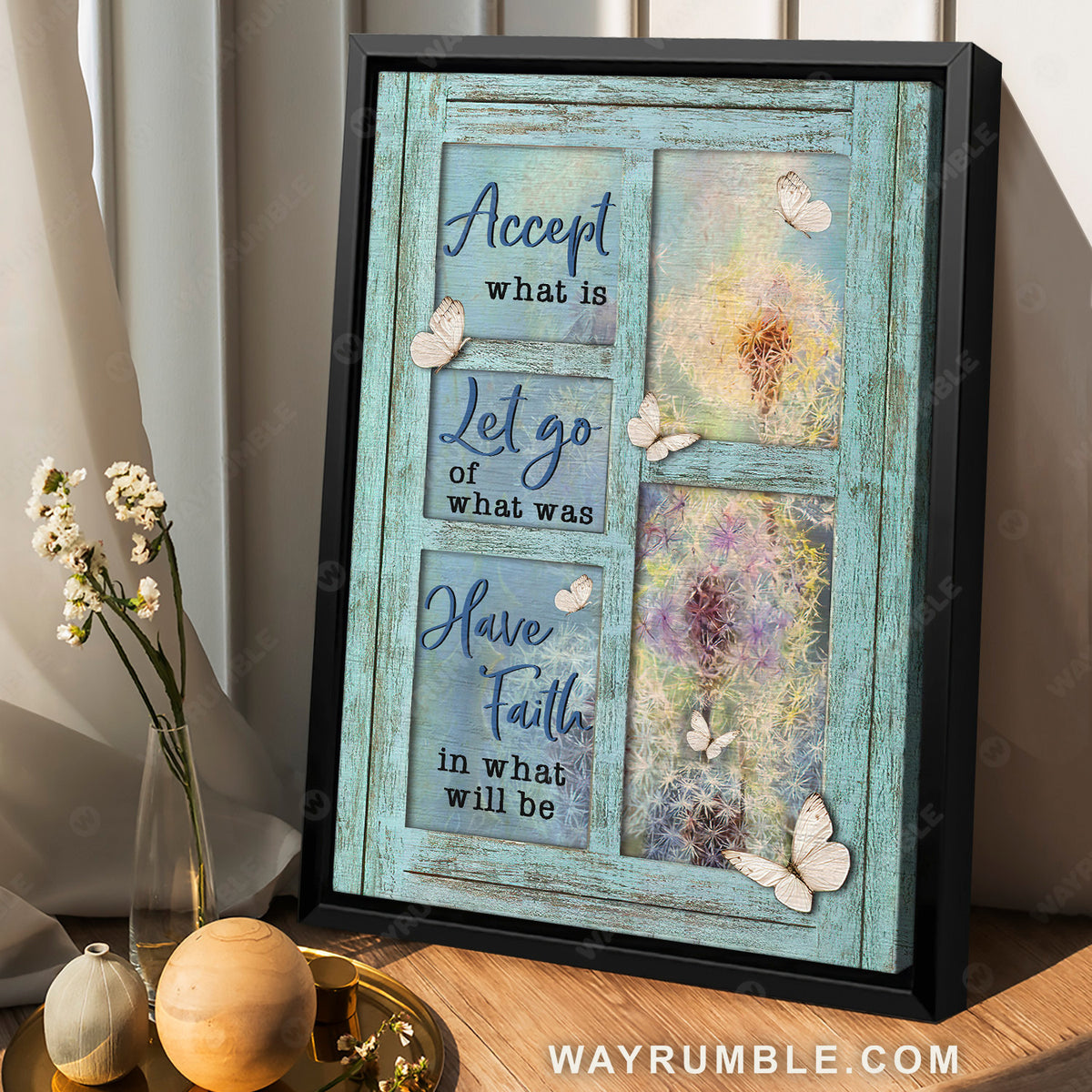 Blue window, Pretty dandelion, Accept what is let go - Jesus Portrait Canvas Prints, Christian Wall Art