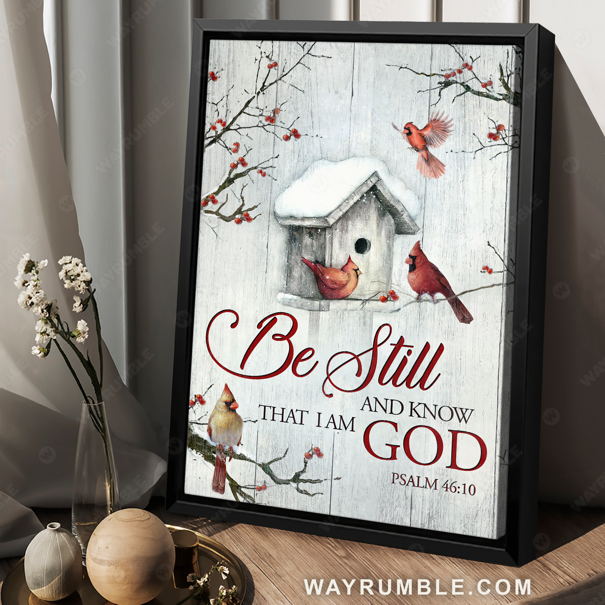 Red cardinal, Snow birdhouse, Winter forest, Be still and know that I am God - Jesus Portrait Canvas Prints, Wall Art