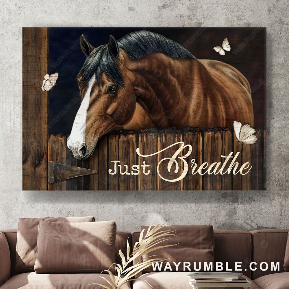 Brown horse, Wooden background, White butterfly, Just breathe - Jesus Landscape Canvas Prints, Christian Wall Art