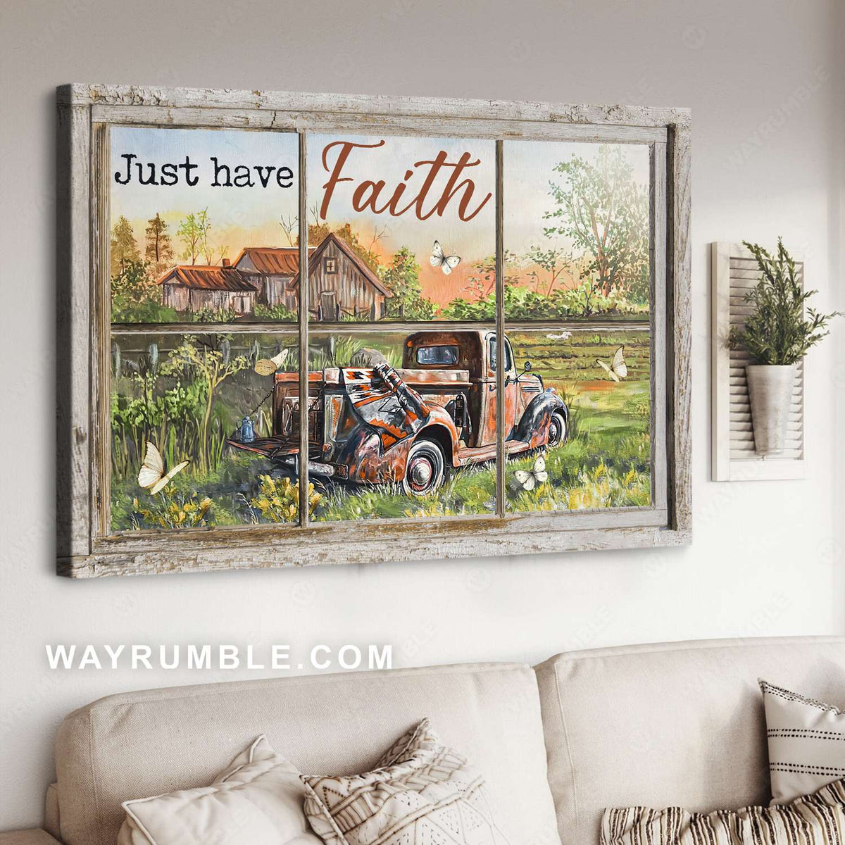 Farm truck, Flower garden, Farm life, Just have faith - Jesus Landscape Canvas Prints, Christian Wall Art