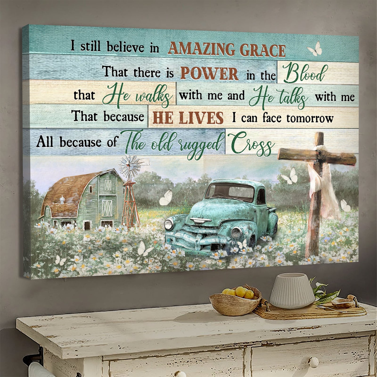 Old car, Flower field, Wooden Cross, I still believe in amazing grace - Jesus Landscape Canvas Prints, Wall Art