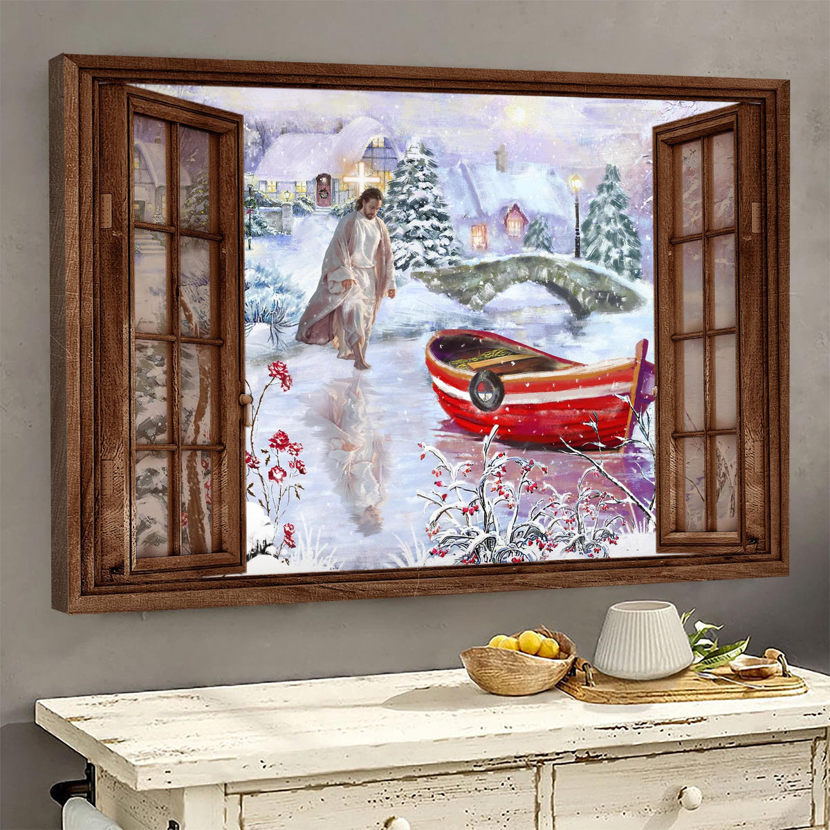 Jesus Painting, Christmas, Walking to the boat - Jesus, Window frame Landscape Canvas Prints, Wall Art