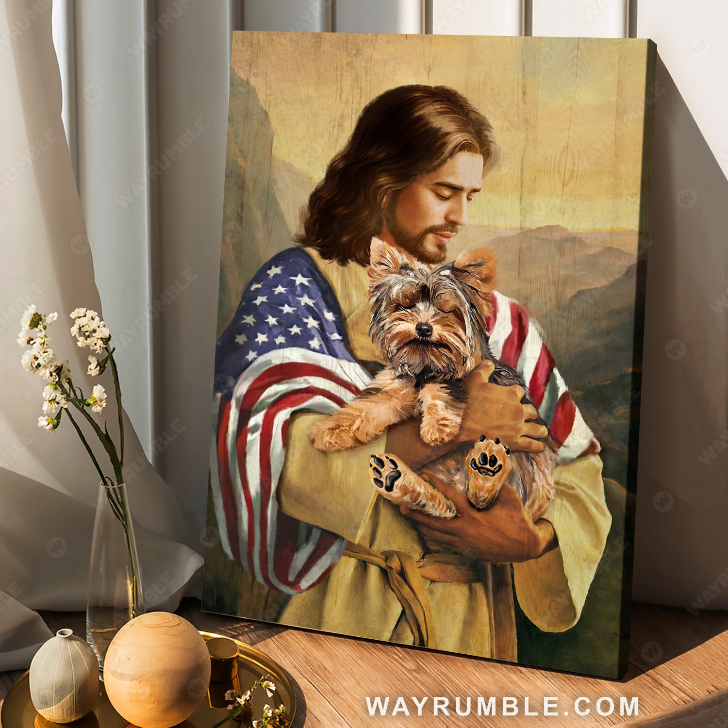 Jesus painting, Yorkshire Terrier drawing, in the arms of God - Jesus Portrait Canvas Prints, Wall Art 