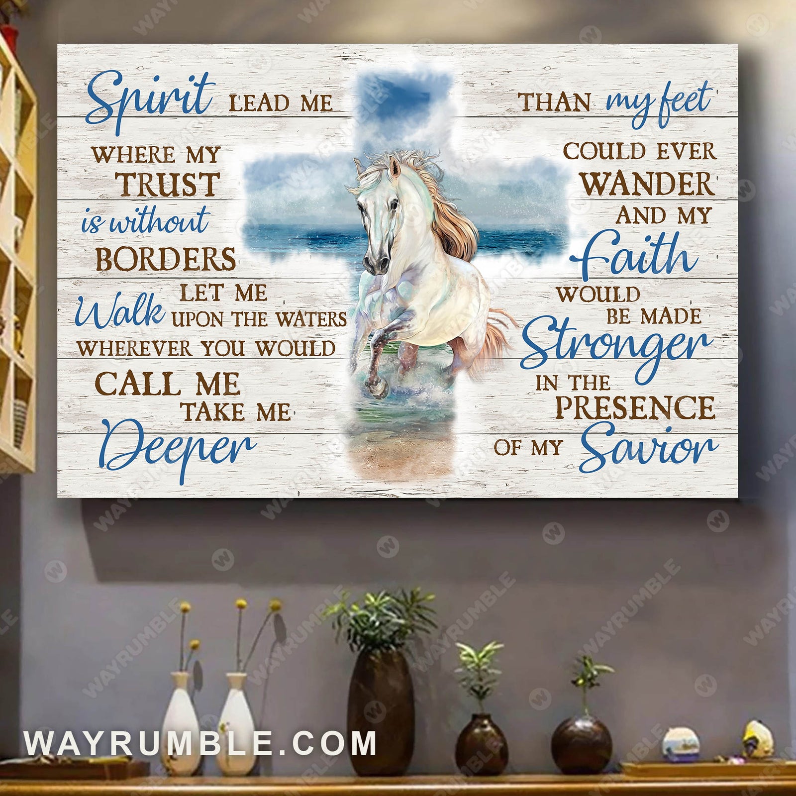 White horse painting, Running on the beach, Sea drawing, Spirit Lead me where my trust is - Jesus Landscape Canvas Prints, Wall Art
