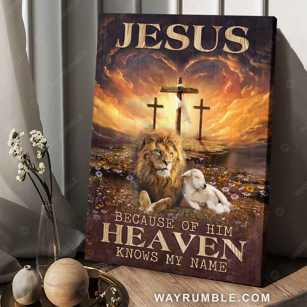 Lion of Judah, Lamb of God, Sunset painting, Because of him Heaven knows my name - Jesus Portrait Canvas Prints, Christian Wall Art