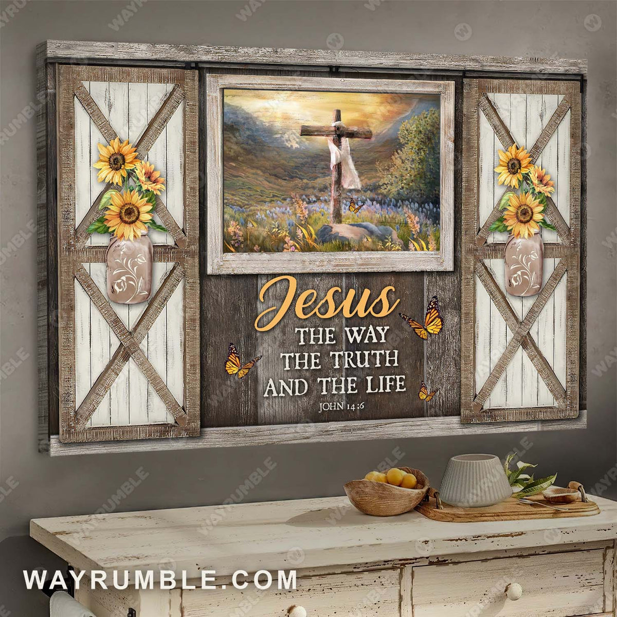 Wooden doors, Flower field, Mountain Landscape, The way, the truth, the life - Jesus Landscape Canvas Prints, Wall Art