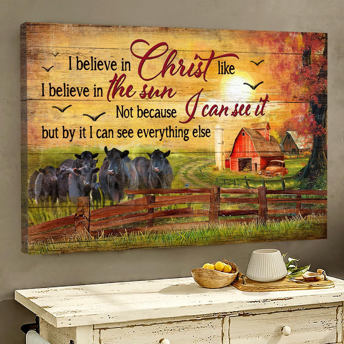 Aberdeen Angus, Sunset farm, I believe in Jesus like I believe in the sun - Jesus Landscape Canvas Prints, Wall Art