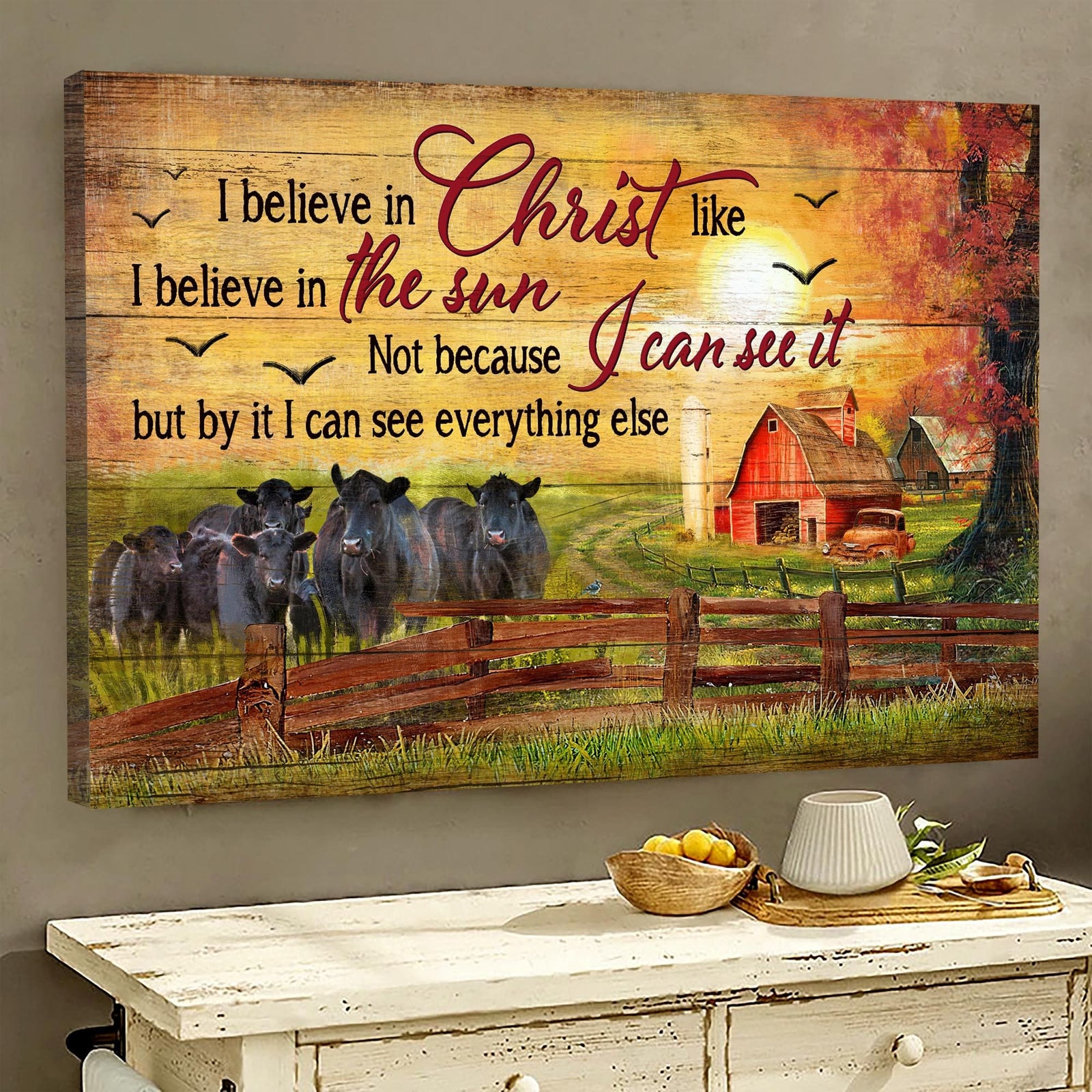 Aberdeen Angus, Sunset farm, I believe in Jesus like I believe in the sun - Jesus Landscape Canvas Prints, Wall Art