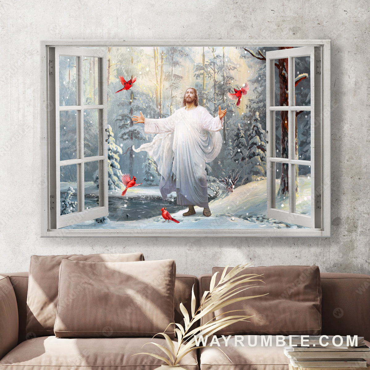 Jesus painting, Cardinal painting, Walking with Jesus, Into the winter forest - Jesus, Window frame Landscape Canvas Prints, Wall Art