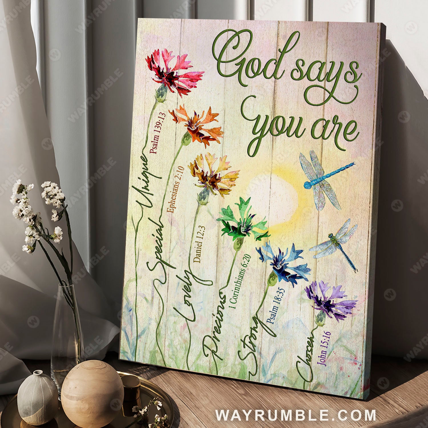 Dragonfly, Flower painting, Vintage painting, God says you are - Jesus Portrait Canvas Prints, Christian Wall Art